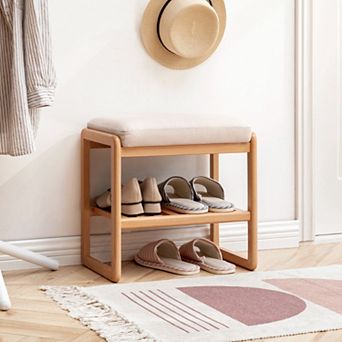 Natural Solid Wood Shoe Bench, Beige Cushioned Seat, Ideal for Entryway Bedroom