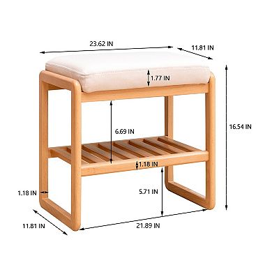 Natural Solid Wood Shoe Bench, Beige Cushioned Seat, Ideal for Entryway Bedroom