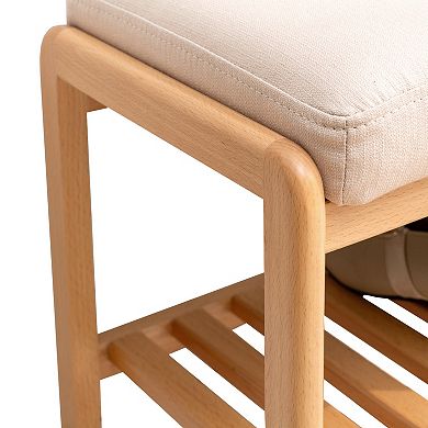 Natural Solid Wood Shoe Bench, Beige Cushioned Seat, Ideal for Entryway Bedroom