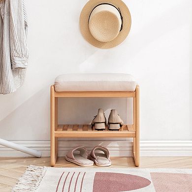 Natural Solid Wood Shoe Bench, Beige Cushioned Seat, Ideal for Entryway Bedroom