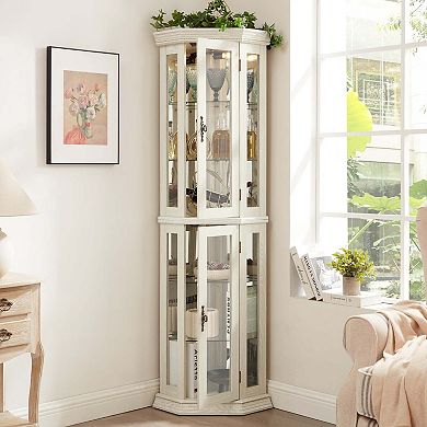 Lighted Corner Curio Cabinet Glass Display Shelf with Tempered Glass Doors