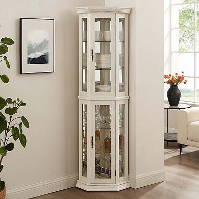 Lighted Corner Curio Cabinet Glass Display Shelf with Tempered Glass Doors