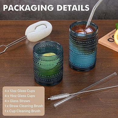 8pc Hobnail Drinking Glass Set, Highball Glasses for Cocktails & Drinks