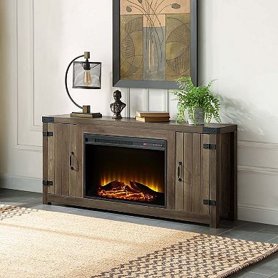 Rustic Oak Finish Fireplace with 2 Storage Drawers