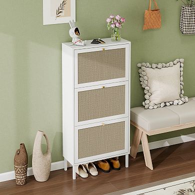 3-Door Rattan Shoe Cabinet with Adjustable Storage, for Entryway Hallway