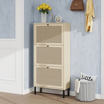 3-Door Rattan Shoe Cabinet with Adjustable Storage, for Entryway Hallway