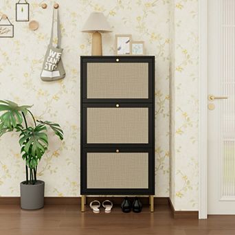 3-Door Rattan Shoe Cabinet with Adjustable Storage, for Entryway Hallway