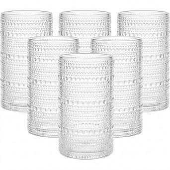 6 pc Hobnail Glass Set Durable Highball Tumblers for Drinks
