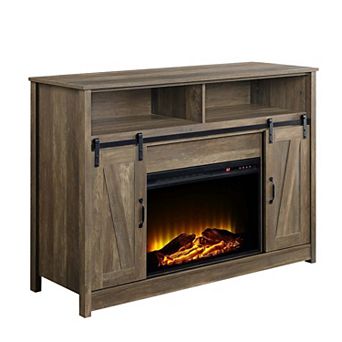 Rustic Oak Finish Fireplace with Shelf Storage