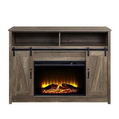 Rustic Oak Finish Fireplace with Shelf Storage