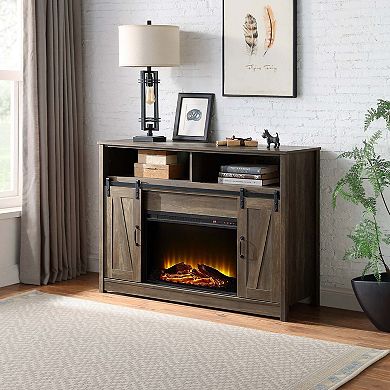 Rustic Oak Finish Fireplace with Shelf Storage