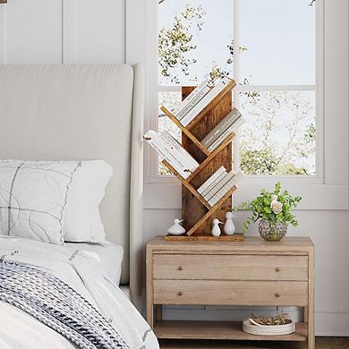 4-Tier Tree Bookshelf, Rustic Storage Organizer Shelves