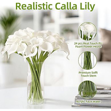 24 Real Touch Calla Lily Stems with Glass Vase and Faux Water