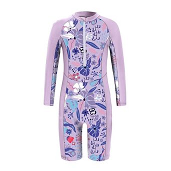 Girls Long Sleeve One Piece Swimsuit Half Zip Rash Guard Swimwear