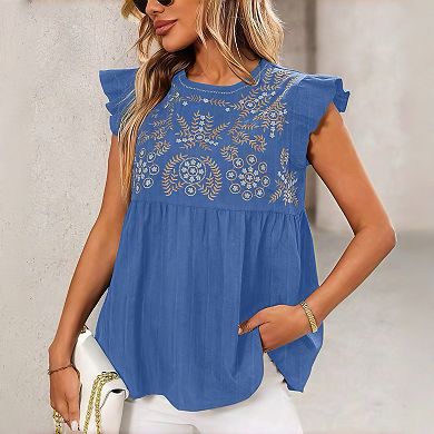 Women's Embroidered Babydoll Top - Cropped Flutter Sleeve Blouse with Floral Embroidery