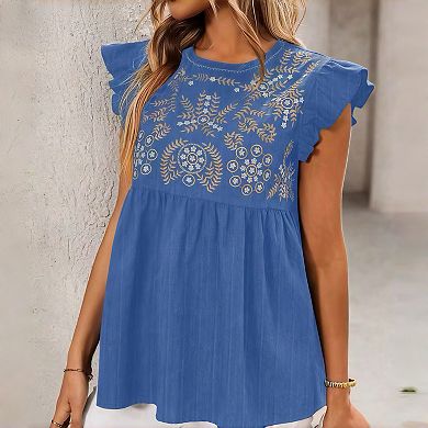 Women's Embroidered Babydoll Top - Cropped Flutter Sleeve Blouse with Floral Embroidery