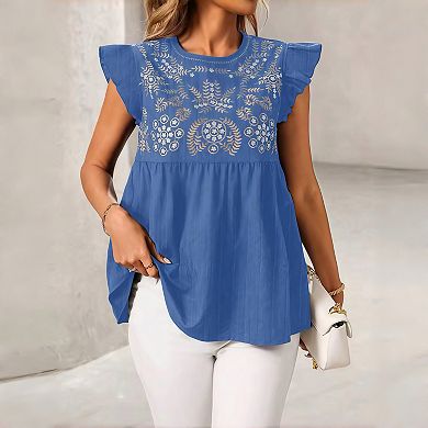 Women's Embroidered Babydoll Top - Cropped Flutter Sleeve Blouse with Floral Embroidery