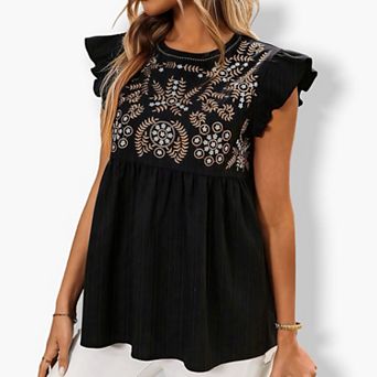 Women's Embroidered Babydoll Top - Cropped Flutter Sleeve Blouse with Floral Embroidery