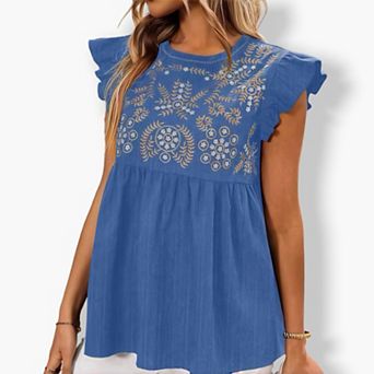 Women's Embroidered Babydoll Top - Cropped Flutter Sleeve Blouse with Floral Embroidery