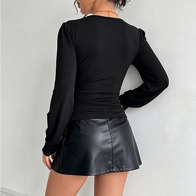 Women V-Neck Rhinestone Embellished Lace Trim Long Sleeve Knit Top