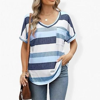 Women's V-Neck Dolman Sleeve Pocket T-Shirt - Striped Print Casual Blouse Top