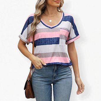 Women's V-Neck Dolman Sleeve Pocket T-Shirt - Striped Print Casual Blouse Top