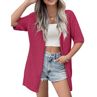 Zeagoo Women Summer Short Sleeve Crochet Cardigan Hollow Out Knit Open Front Kimono Cover Up