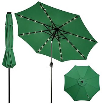 9FT Patio Umbrella with 32 Solar LED Lights, Market Umbrella with Tilt and Crank, 8 Sturdy Iron Ribs