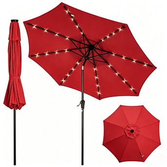 9FT Patio Umbrella with 32 Solar LED Lights, Market Umbrella with Tilt and Crank, 8 Sturdy Iron Ribs