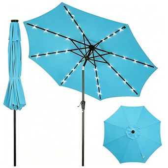 9FT Patio Umbrella with 32 Solar LED Lights, Market Umbrella with Tilt and Crank, 8 Sturdy Iron Ribs