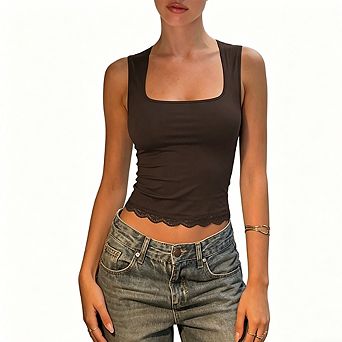 Women's Casual Sleeveless Tank Top Square Neck Lace Trim Hem Fitted Cropped Camisole