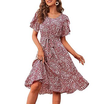 Women's Crewneck Short Sleeve Tie Waist A-Line Floral Print Summer Knee-Length Ruffled midi Dress