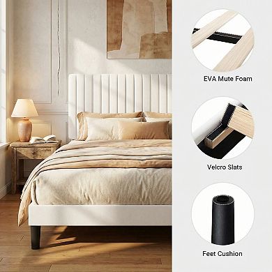 Velvet Platform Bed Frame with Adjustable Channel Tufted Headboard and Wood Slat Support