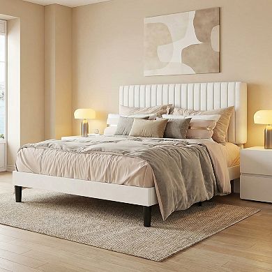 Velvet Platform Bed Frame with Adjustable Channel Tufted Headboard and Wood Slat Support