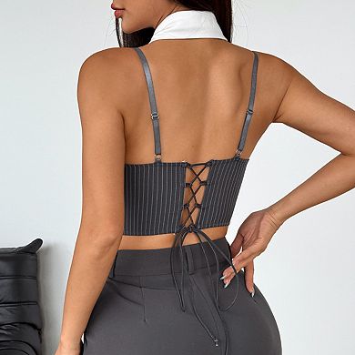 Women Cropped Camisole Nightclub Uniform Top with Tie Neck