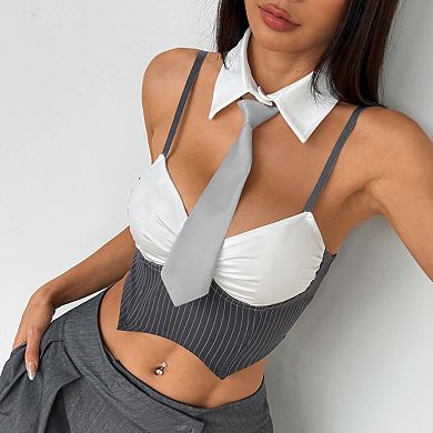 Women Cropped Camisole Nightclub Uniform Top with Tie Neck