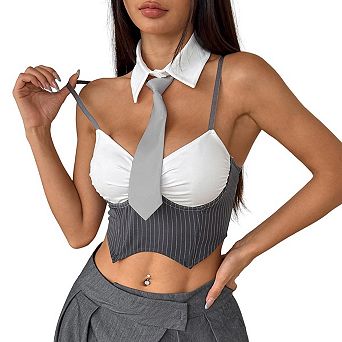 Women Cropped Camisole Nightclub Uniform Top with Tie Neck
