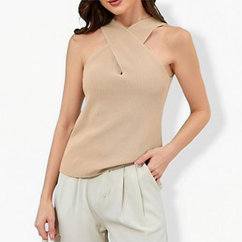 Women's Crisscross Halter Knit Tank Top - Cross Back Sleeveless Fitted Cami