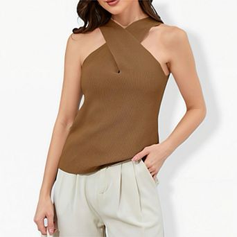 Women's Crisscross Halter Knit Tank Top - Cross Back Sleeveless Fitted Cami