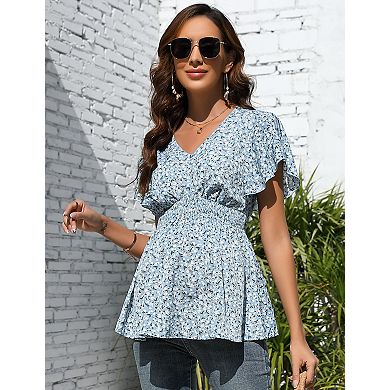 Maternity V Neck Lotus Short Sleeve Print Casual Top