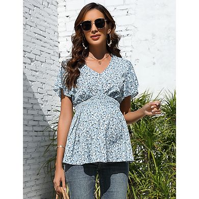 Maternity V Neck Lotus Short Sleeve Print Casual Top