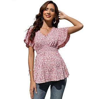 Maternity V Neck Lotus Short Sleeve Print Casual Top