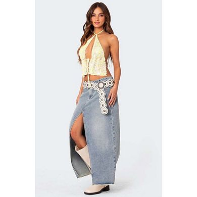 Women's Crochet Halter Top with Lace Up Front and Open Knit