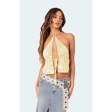 Women's Crochet Halter Top with Lace Up Front and Open Knit