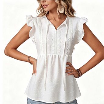 Women's Casual Ruffle Sleeve Top, Lace Trim Tie Neck Relaxed Fit Summer Blouse