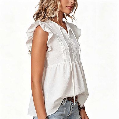 Women's Casual Ruffle Sleeve Top, Lace Trim Tie Neck Relaxed Fit Summer Blouse