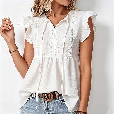 Women's Casual Ruffle Sleeve Top, Lace Trim Tie Neck Relaxed Fit Summer Blouse