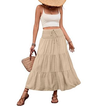 Women's Summer Ruffle Maxi Skirts High Waist Elastic Pleat Drawstring Casual Boho Flowy Long Skirt