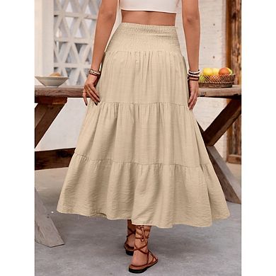 Women's Summer Ruffle Maxi Skirts High Waist Elastic Pleat Drawstring Casual Boho Flowy Long Skirt