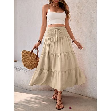 Women's Summer Ruffle Maxi Skirts High Waist Elastic Pleat Drawstring Casual Boho Flowy Long Skirt